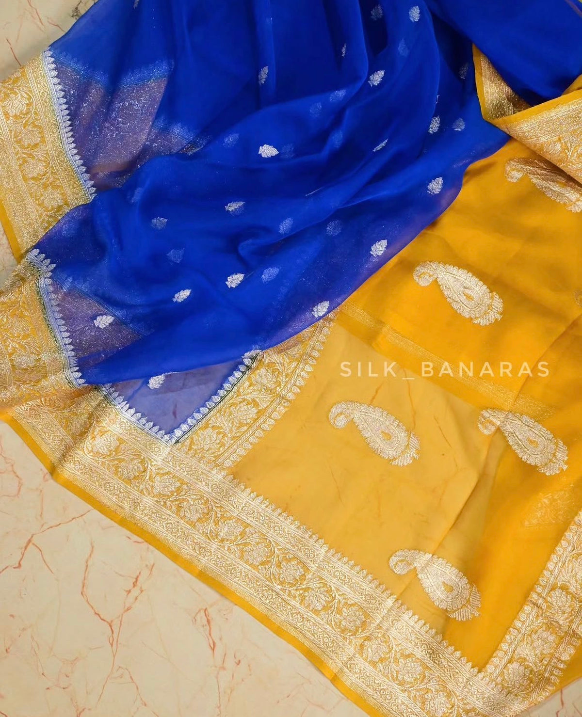 Handwoven Pure Khaddi Chiffon Saree in Royal Blue & Mustard Yellow with Silver Zari