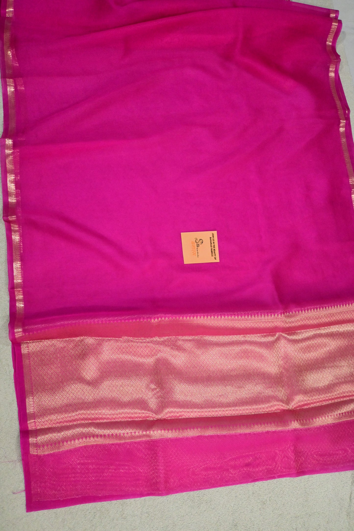 Beautiful pink handwoven pure Kora organza gold zari saree