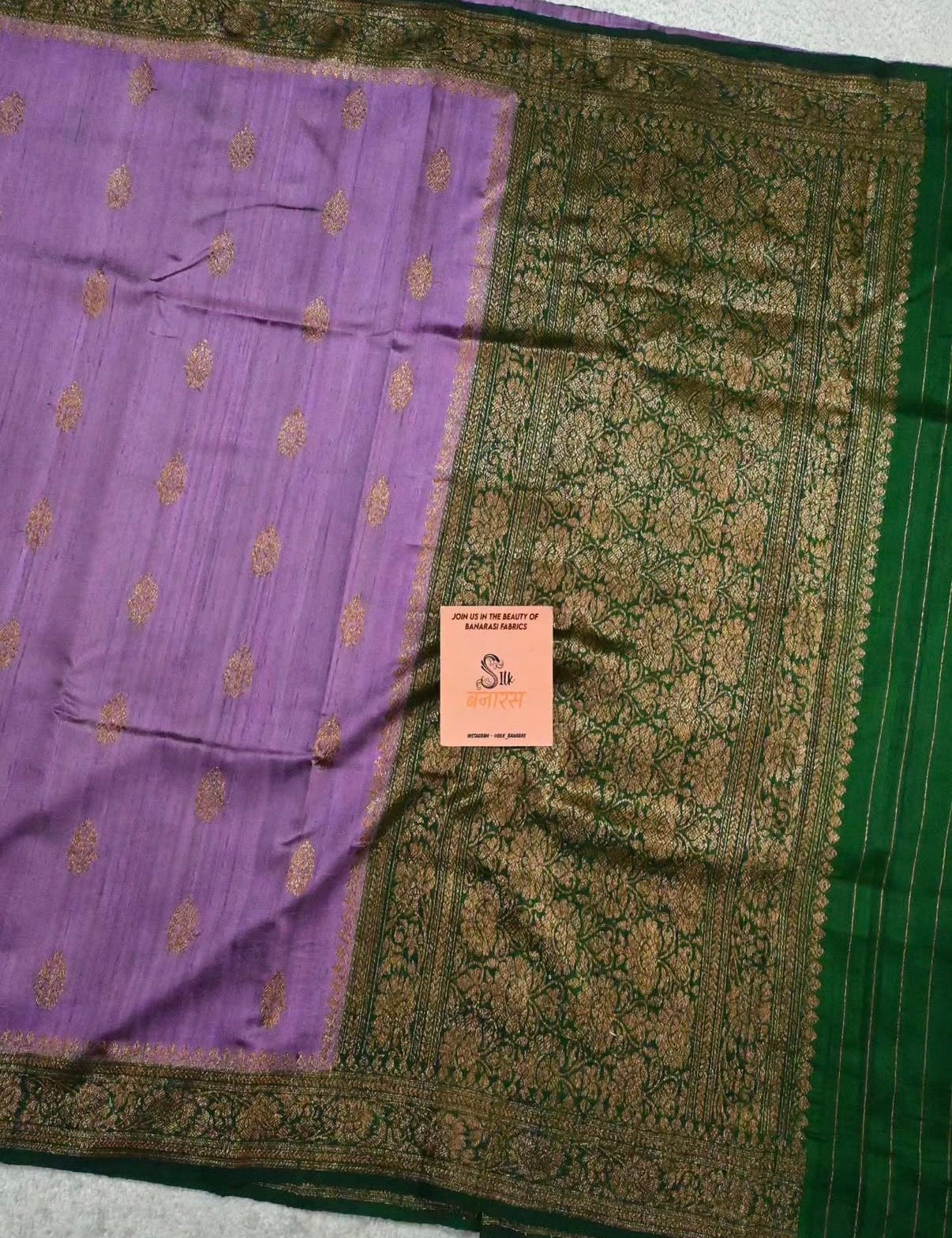 Handloom Pure Raw Silk Saree in Lavender with Emerald Green Antique Zari Border