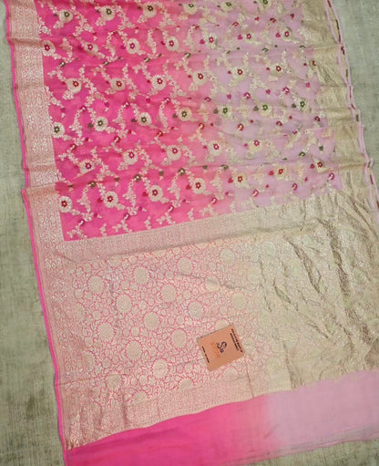 Handwoven Pure Khaddi Georgette Banarasi Saree in Ombre Pink with Zari Minakari Jaal Work