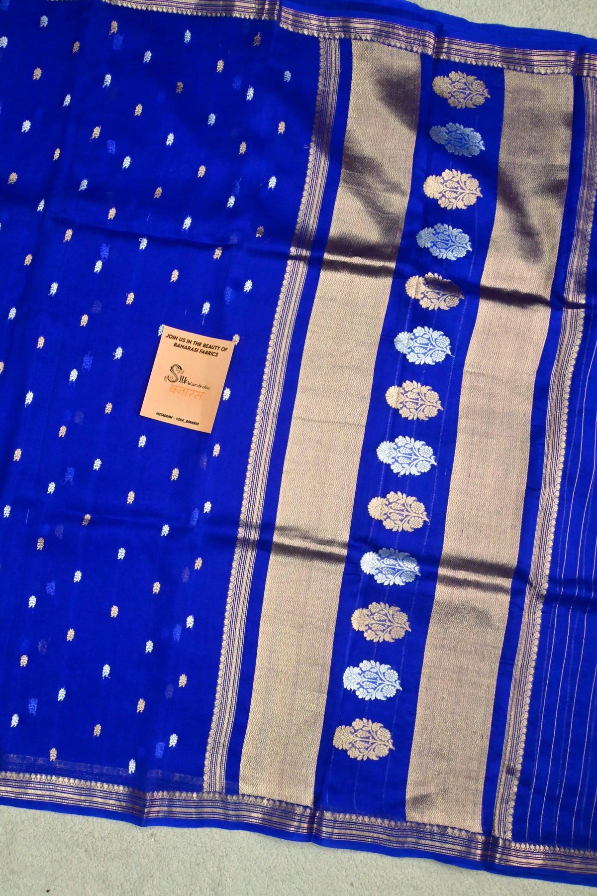 Royal Blue Handwoven Pure Kora Silk Saree with Gold & Silver Zari Butta