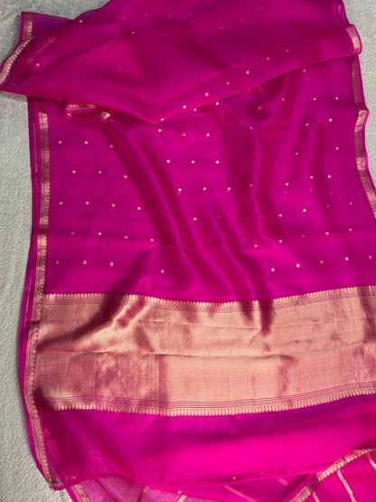 Beautiful pink handwoven pure Kora organza saree