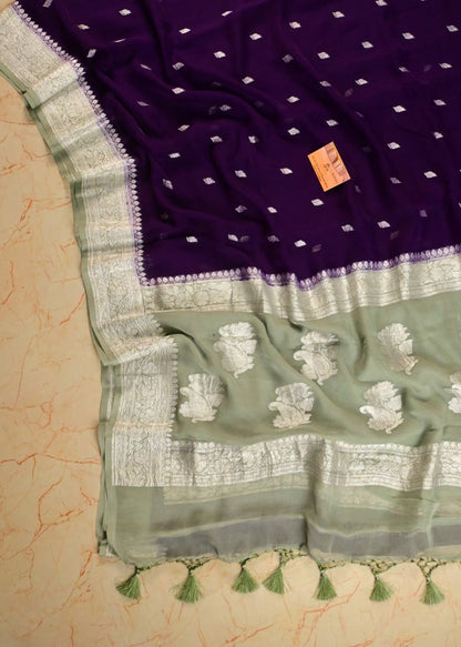 Handdloom Pure khaddi Chiffon Purple with Sage Green