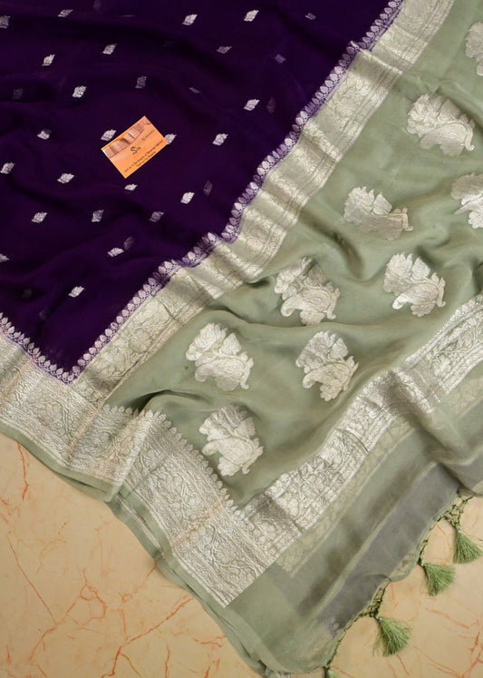 Handdloom Pure khaddi Chiffon Purple with Sage Green