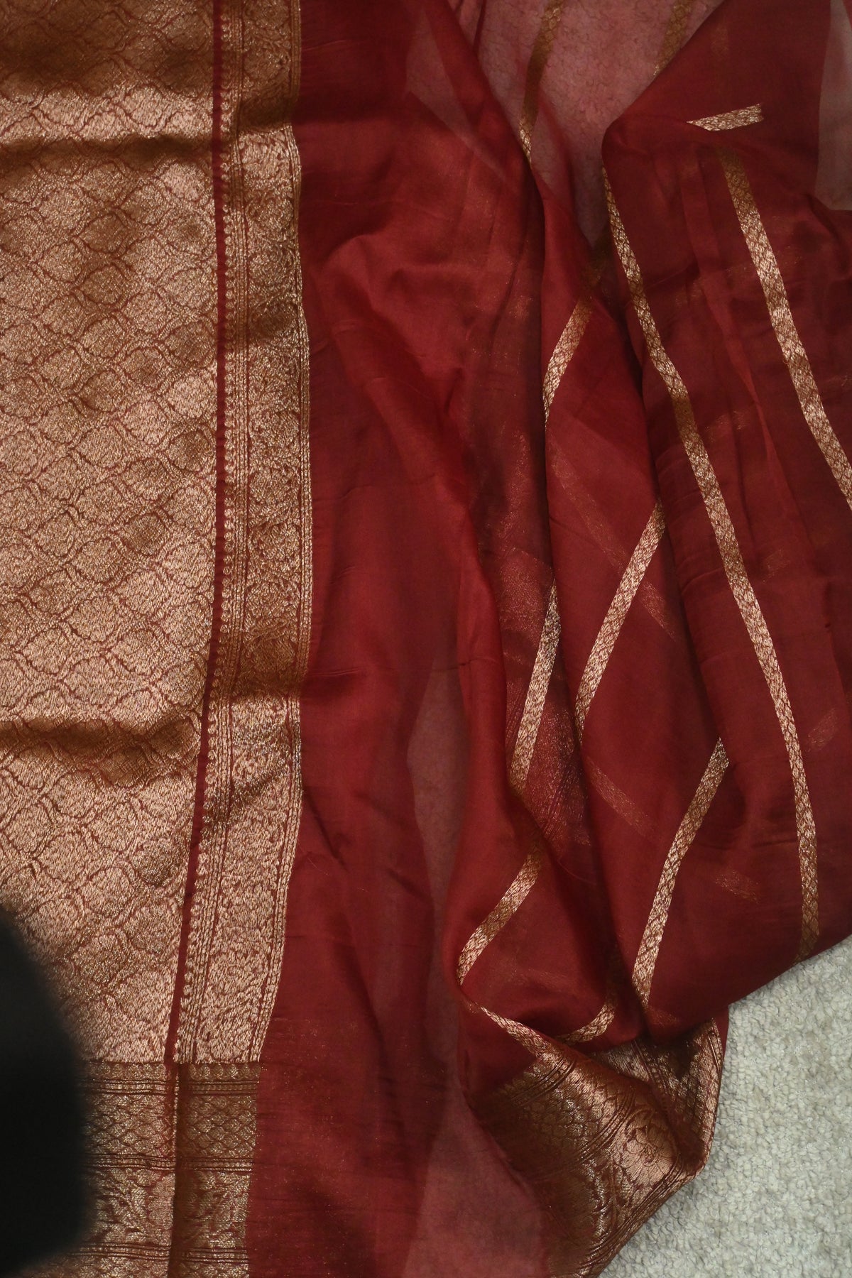 Handcrafted Maroon Pure Kora Organza Silk Saree with Antique Zari Work
