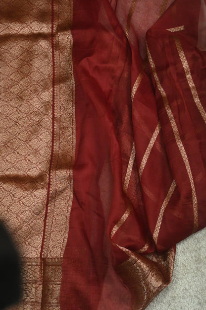 Handcrafted Maroon Pure Kora Organza Silk Saree with Antique Zari Work
