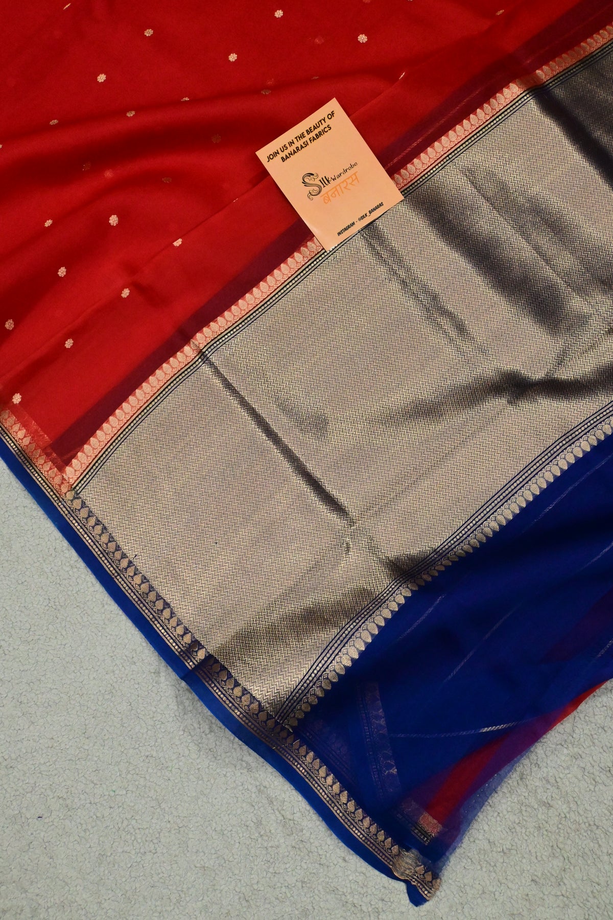 Handwoven Pure Kora Silk Banarasi Saree in Crimson Red with Royal Blue Pallu & Gold Zari Weaving