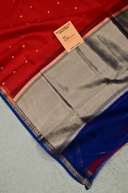 Handwoven Pure Kora Silk Banarasi Saree in Crimson Red with Royal Blue Pallu & Gold Zari Weaving