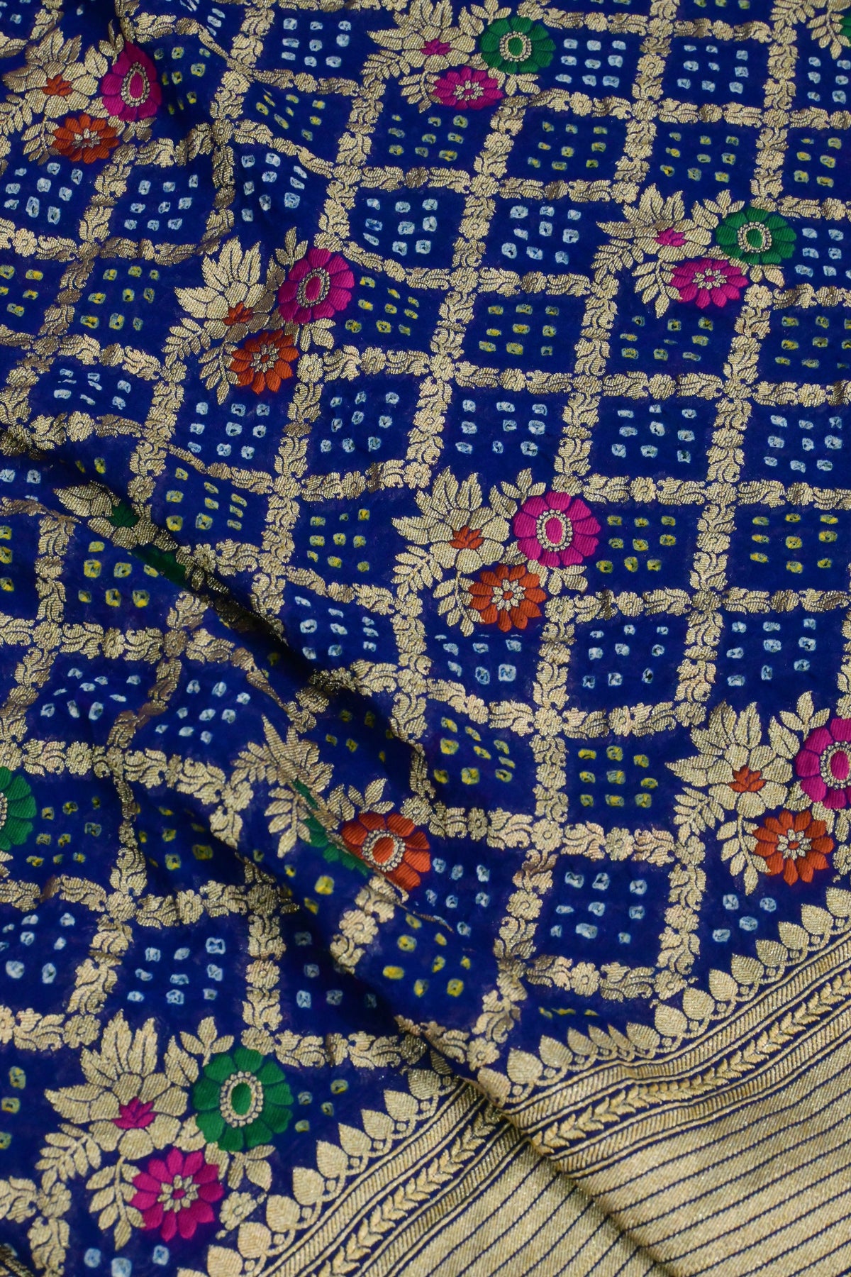 Royal Blue Handwoven Pure Khaddi Georgette Unstitched Suit Set with Bandhani & Meenakari Dupatta | Gold Zari Weaving