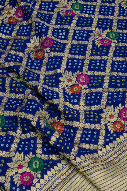 Royal Blue Handwoven Pure Khaddi Georgette Unstitched Suit Set with Bandhani & Meenakari Dupatta | Gold Zari Weaving