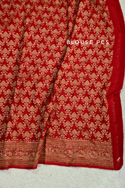Handwoven Pure Crepe Banarasi Saree in Crimson Red with Antique Zari Weave
