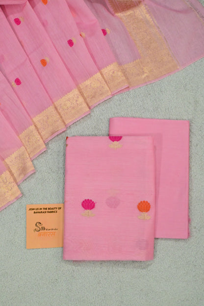 Baby Pink Chanderi Mul Unstitched Suit Set with Minakari Booti & Gold Zari Border