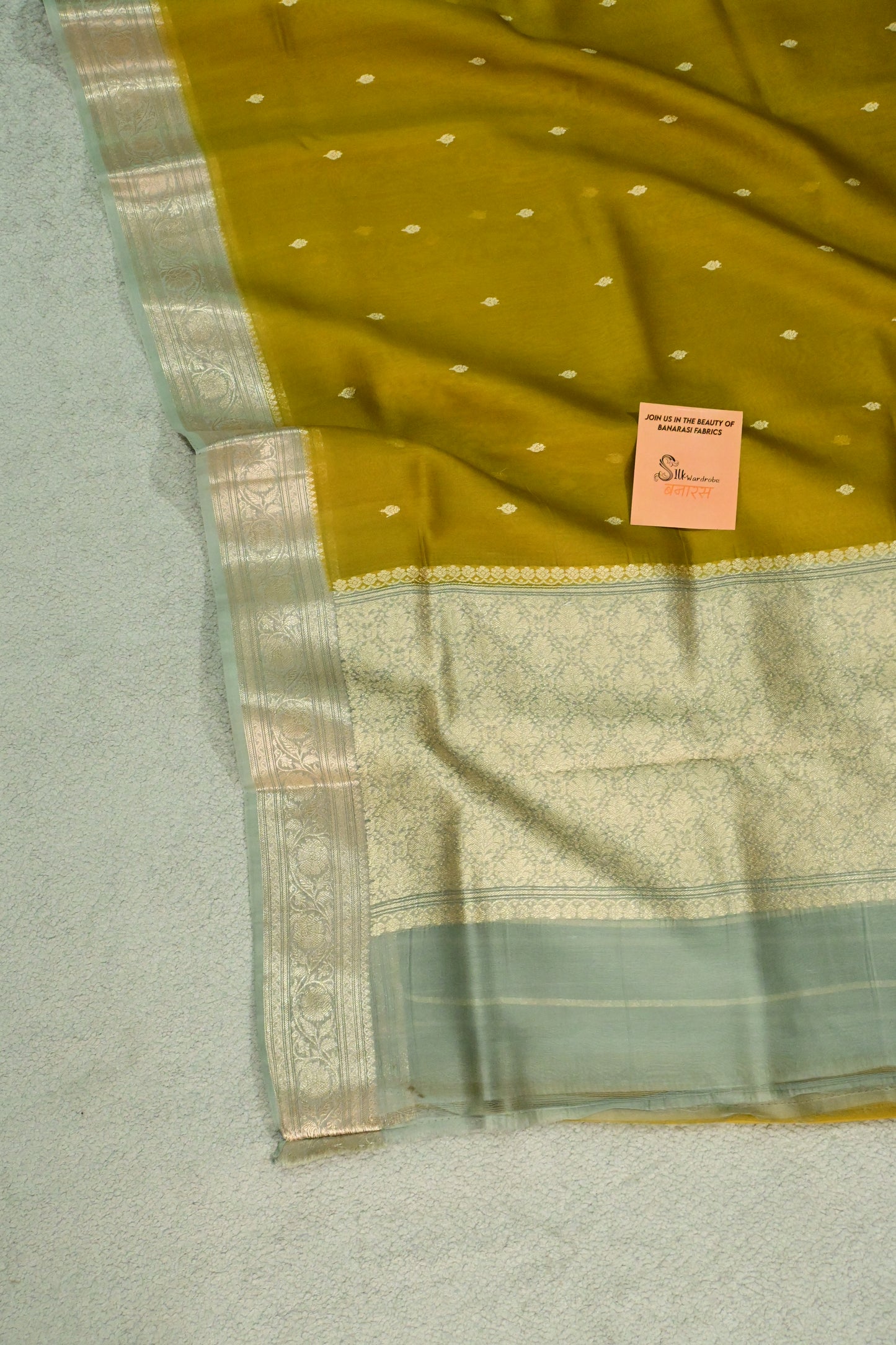 Pure Kora Organza Handloom Saree in Warm Mustard and Mint Green Border