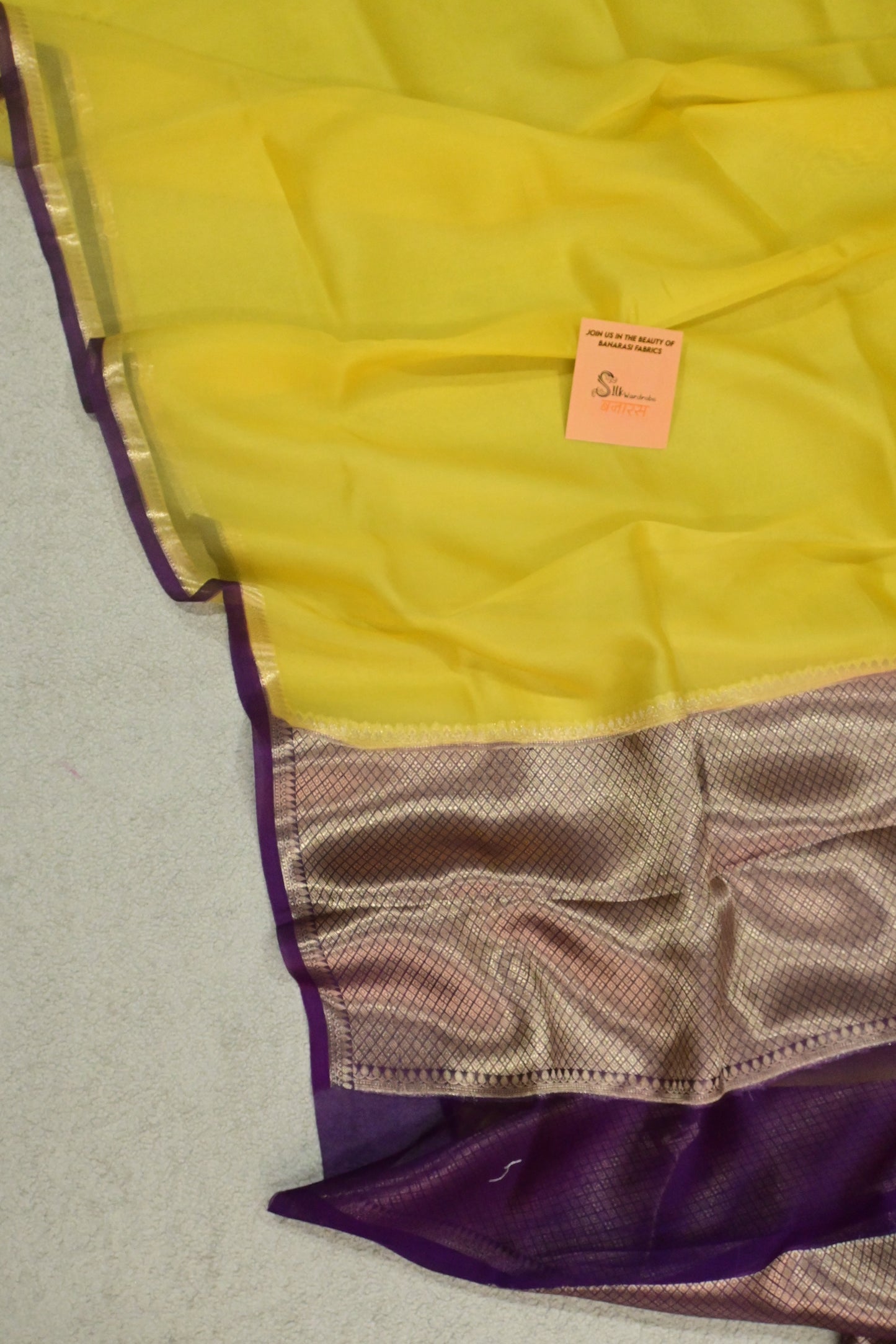 Handwoven pure Kora organza saree in contrast yellow with purple edge