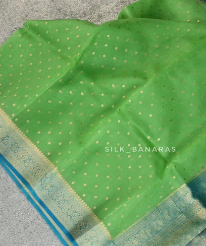 Pure Kora Organza Silk Saree – Bright Green & Aqua Blue