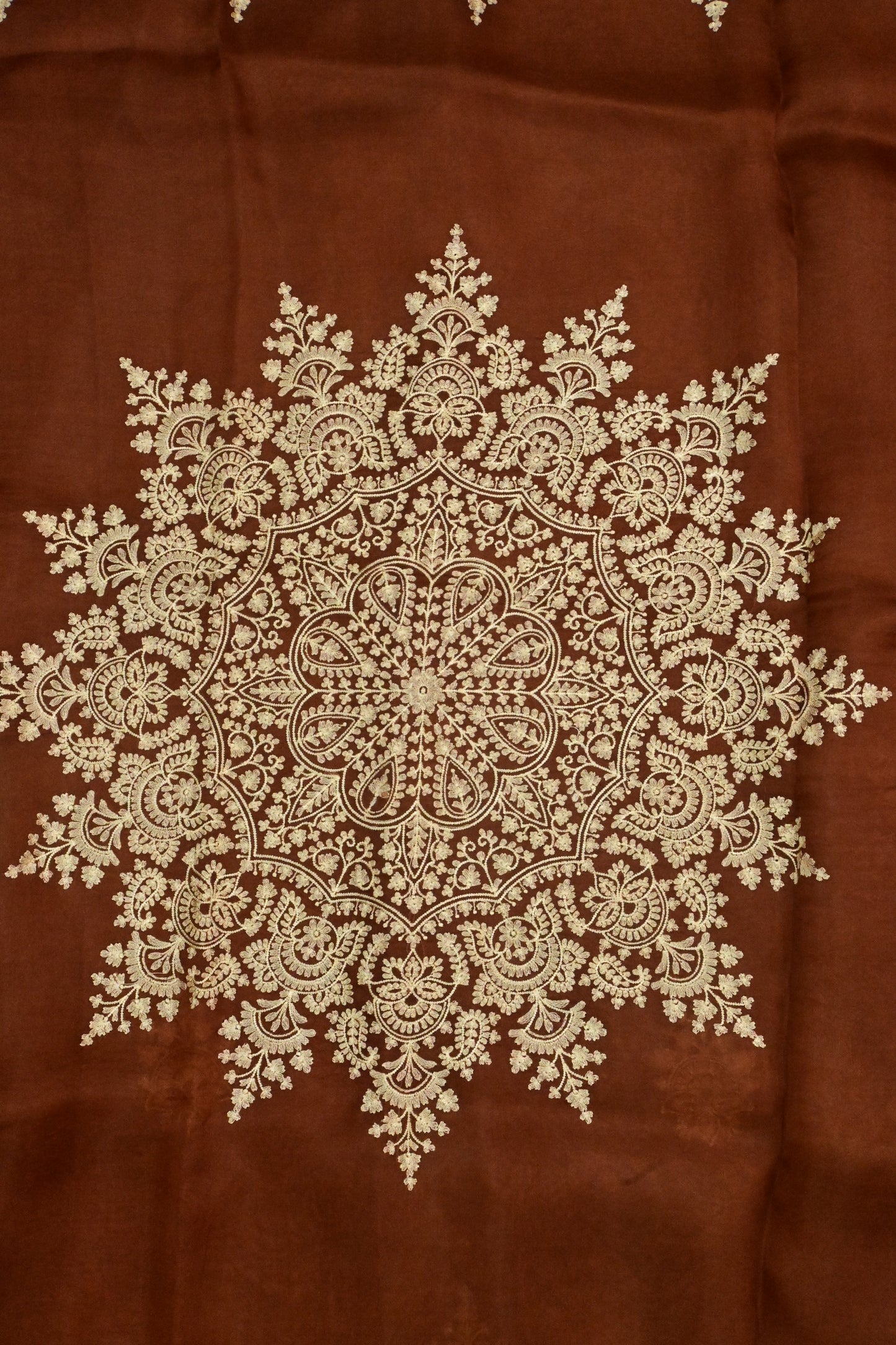 Rust Brown Handwoven Pure Organza Saree with Intricate Gold Embroidery & Scalloped Cutwork Border