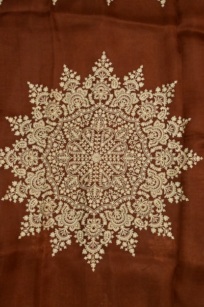 Rust Brown Handwoven Pure Organza Saree with Intricate Gold Embroidery & Scalloped Cutwork Border