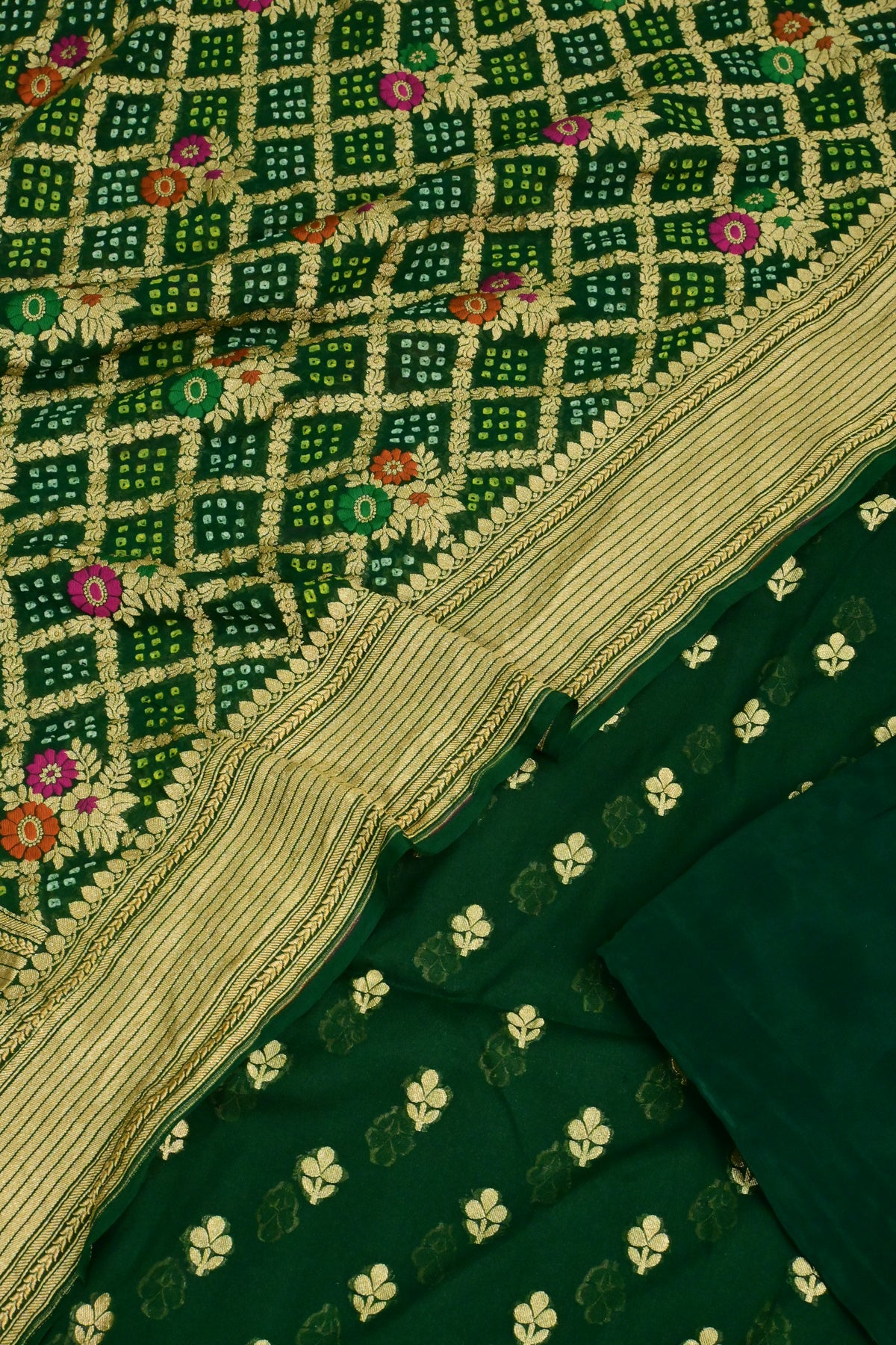 Handwoven Pure Khaddi Georgette Suit Set with Bandhani & Banarasi Minakari Dupatta – Emerald Green