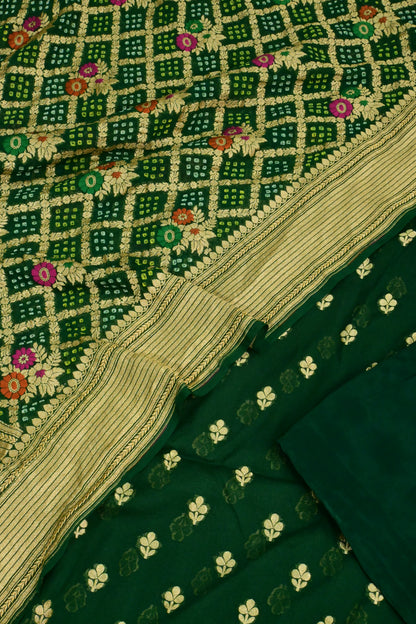 Handwoven Pure Khaddi Georgette Suit Set with Bandhani & Banarasi Minakari Dupatta – Emerald Green
