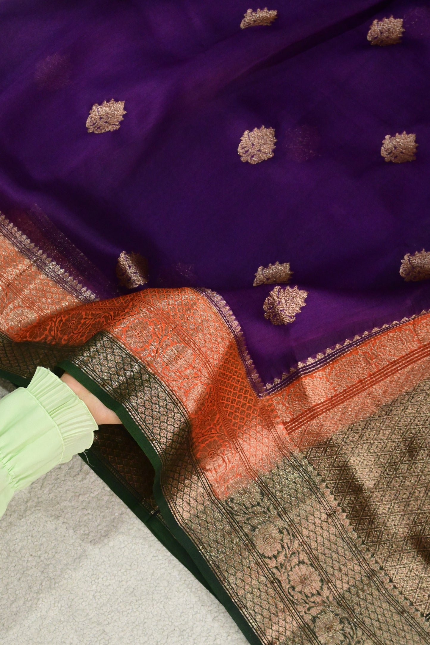 Royal Purple Pure Kora Silk Saree with Antique Zari Weave & Contrast Border