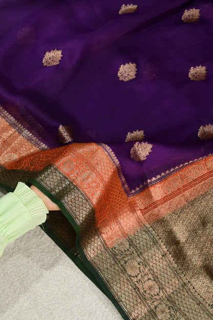 Royal Purple Pure Kora Silk Saree with Antique Zari Weave & Contrast Border