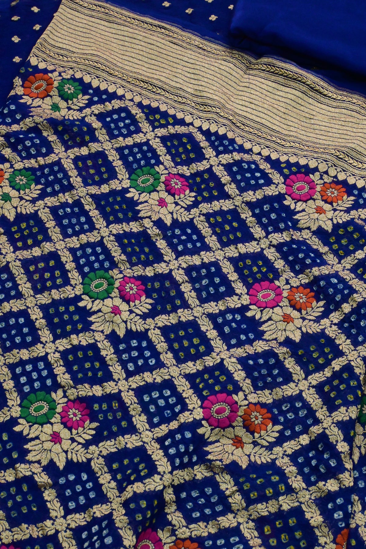 Royal Blue Handwoven Pure Khaddi Georgette Unstitched Suit Set with Bandhani & Meenakari Dupatta | Gold Zari Weaving