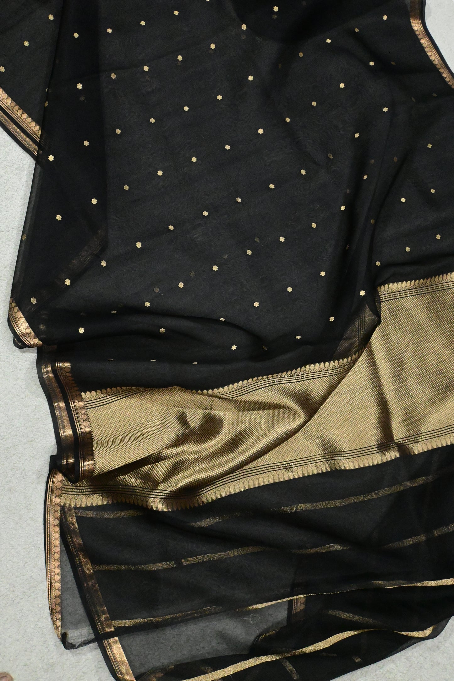 Classic Black Pure Kora Organza Silk Saree with Gold Booti & Zari Border