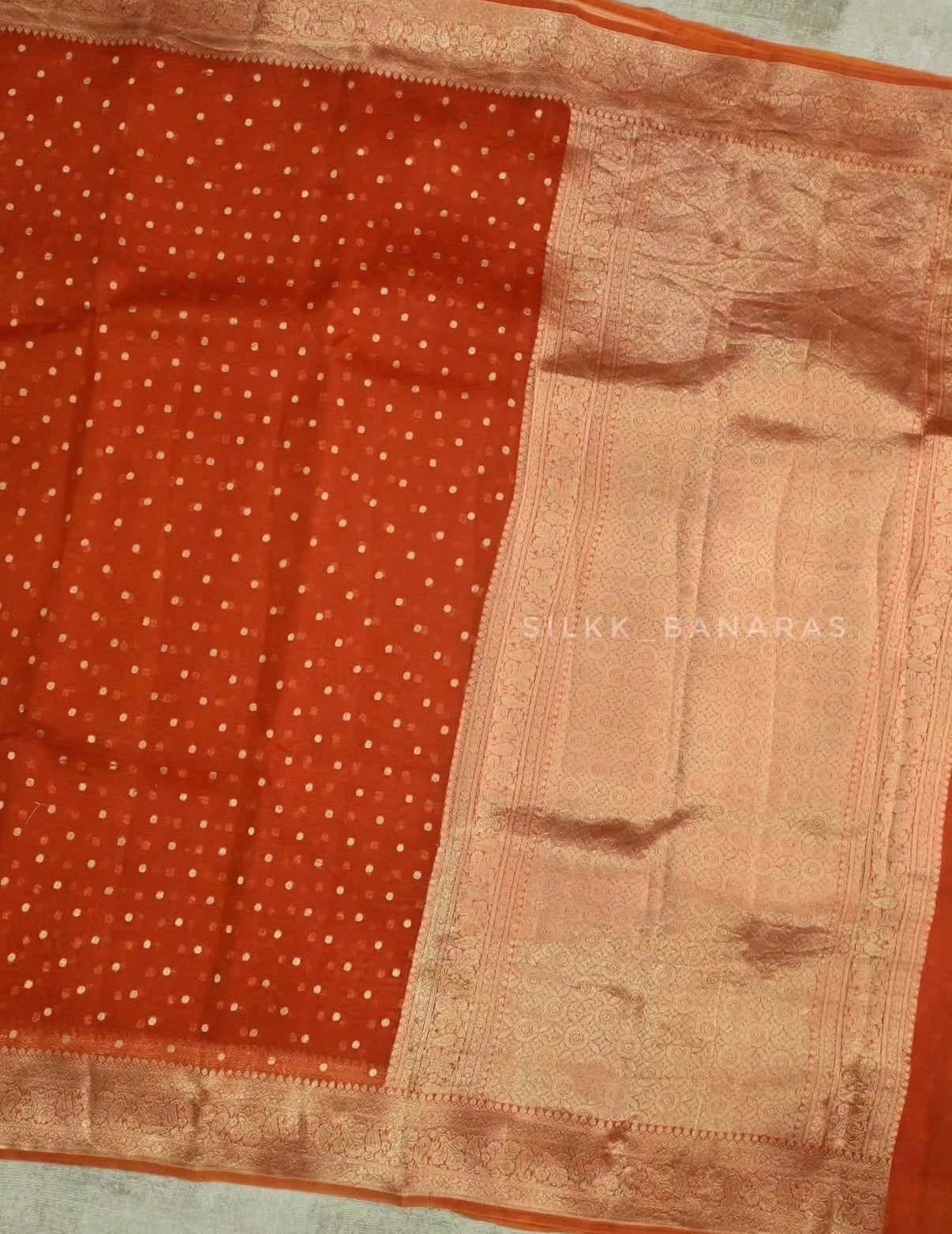 Rust Handloom Pure Kora Organza Banarasi Saree with Zari Buti