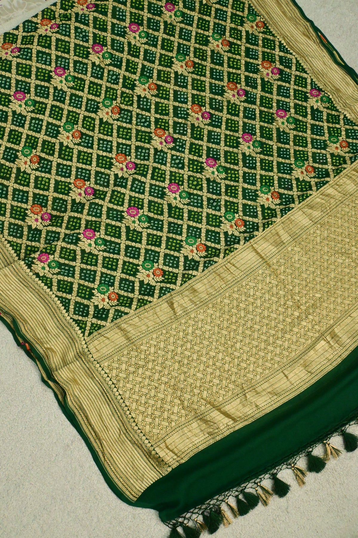 Handwoven Pure Khaddi Georgette Suit Set with Bandhani & Banarasi Minakari Dupatta – Emerald Green