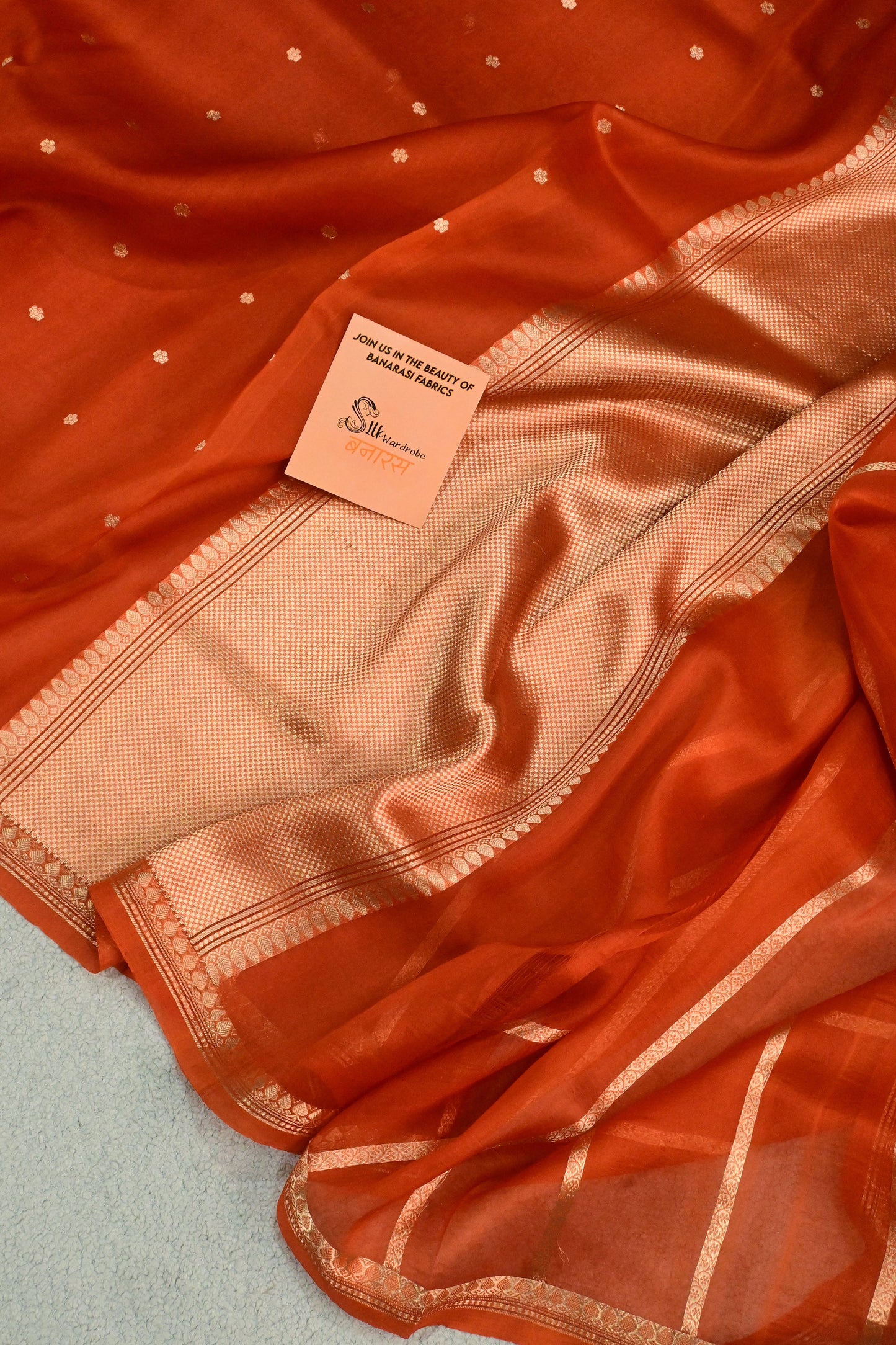 Beautiful rust orange handwoven Kora Silk Saree