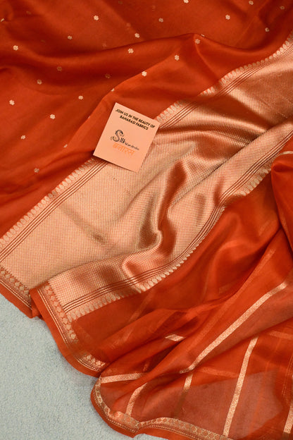 Beautiful rust orange handwoven Kora Silk Saree