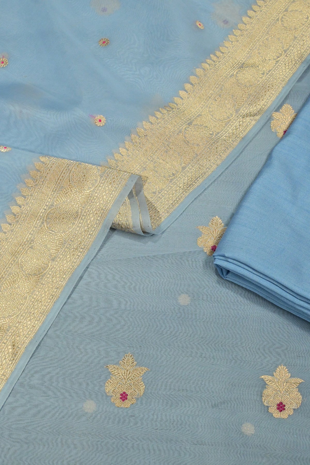 Handloom Pure Kora Silk Suit Set with Banarasi Zari Weave & Meenakari Highlights