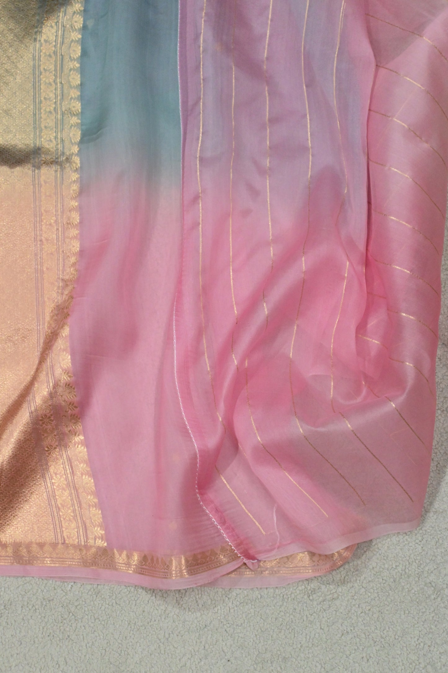 Dual-Tone Pastel Pink & Teal Kora Organza Silk Handloom Saree