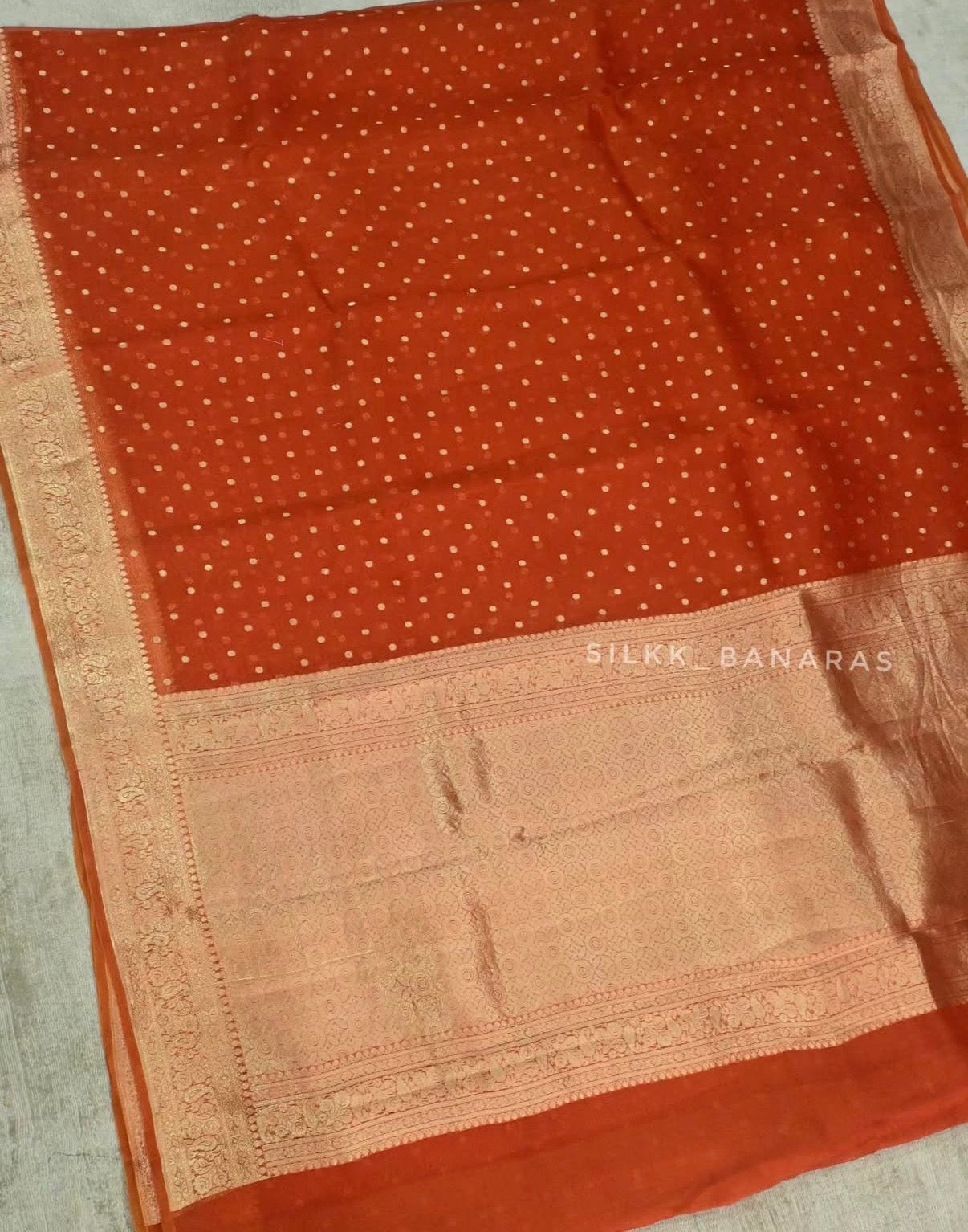 Rust Handloom Pure Kora Organza Banarasi Saree with Zari Buti