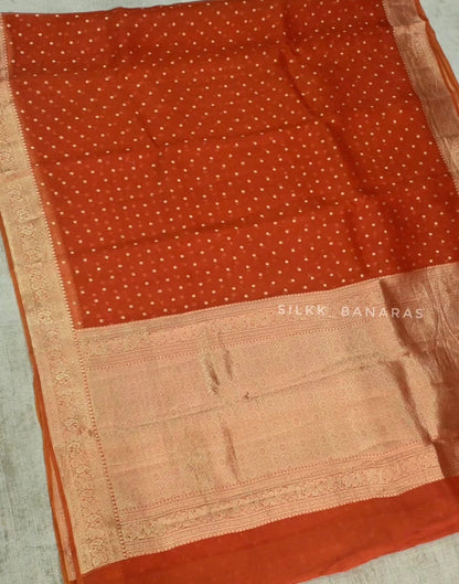 Rust Handloom Pure Kora Organza Banarasi Saree with Zari Buti