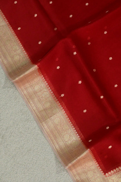 Pure Kora Silk Saree in Crimson Red with Gold Zari Work