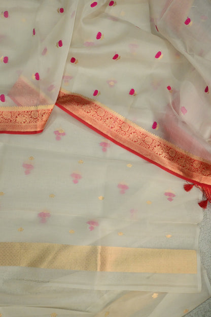 Off-White Handwoven Pure Kora Silk Suit Set with Pink Minakari Bootis & Red Zari Dupatta