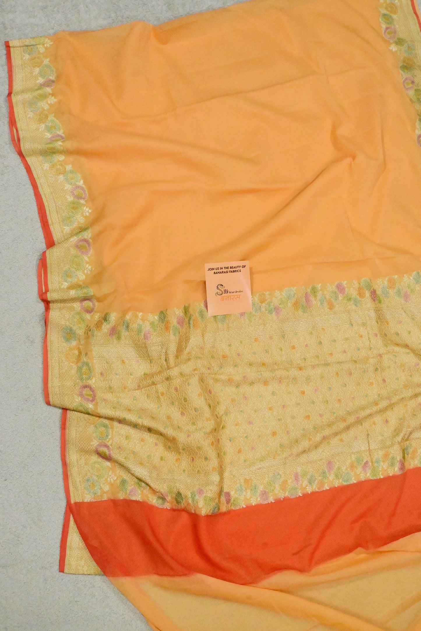 Handloom Pure Khaddi Georgette Saree in Platinum Zari & Hand-Brushed Meenakari Border