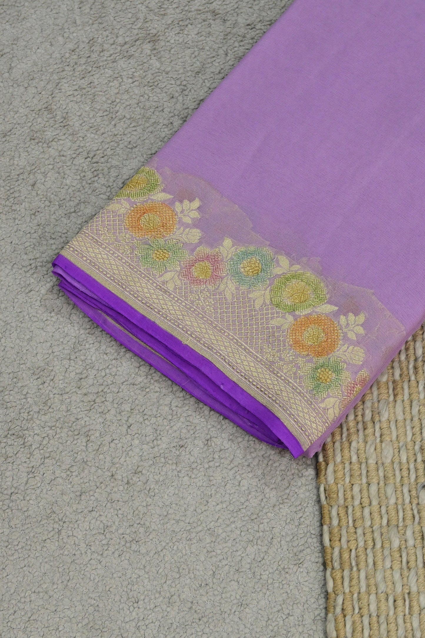 Handloom Pure Khaddi Georgette Banarasi Saree in Lavender with Platinum Zari & Meenakari