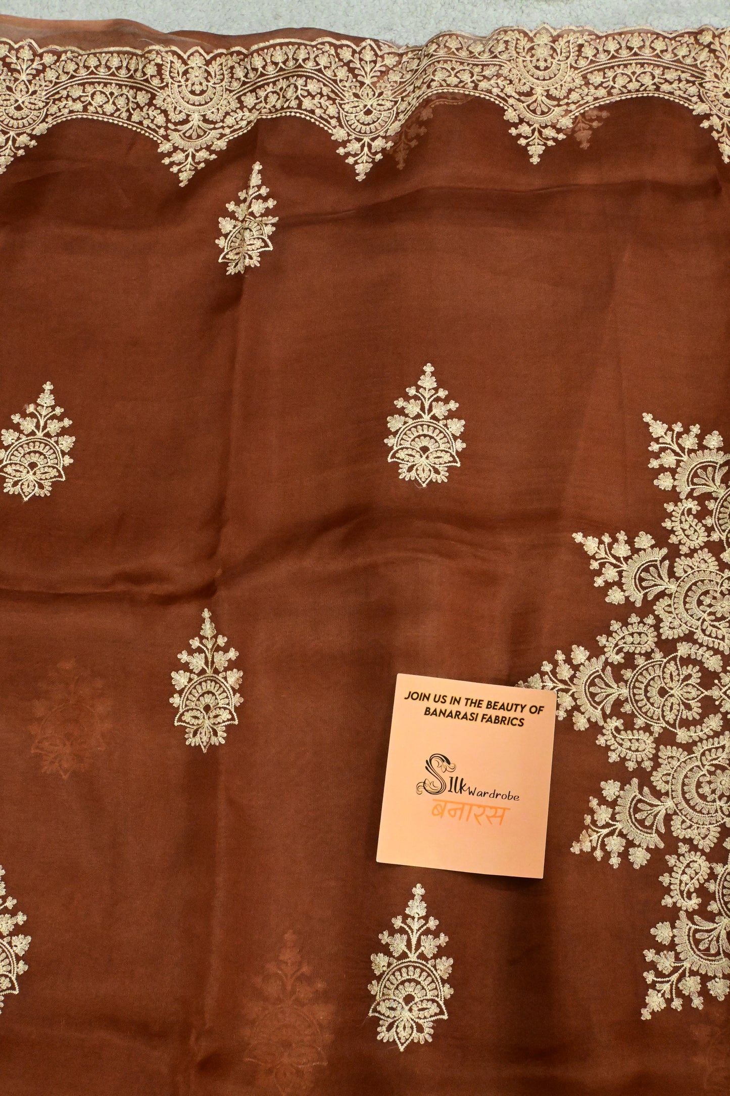 Rust Brown Handwoven Pure Organza Saree with Intricate Gold Embroidery & Scalloped Cutwork Border