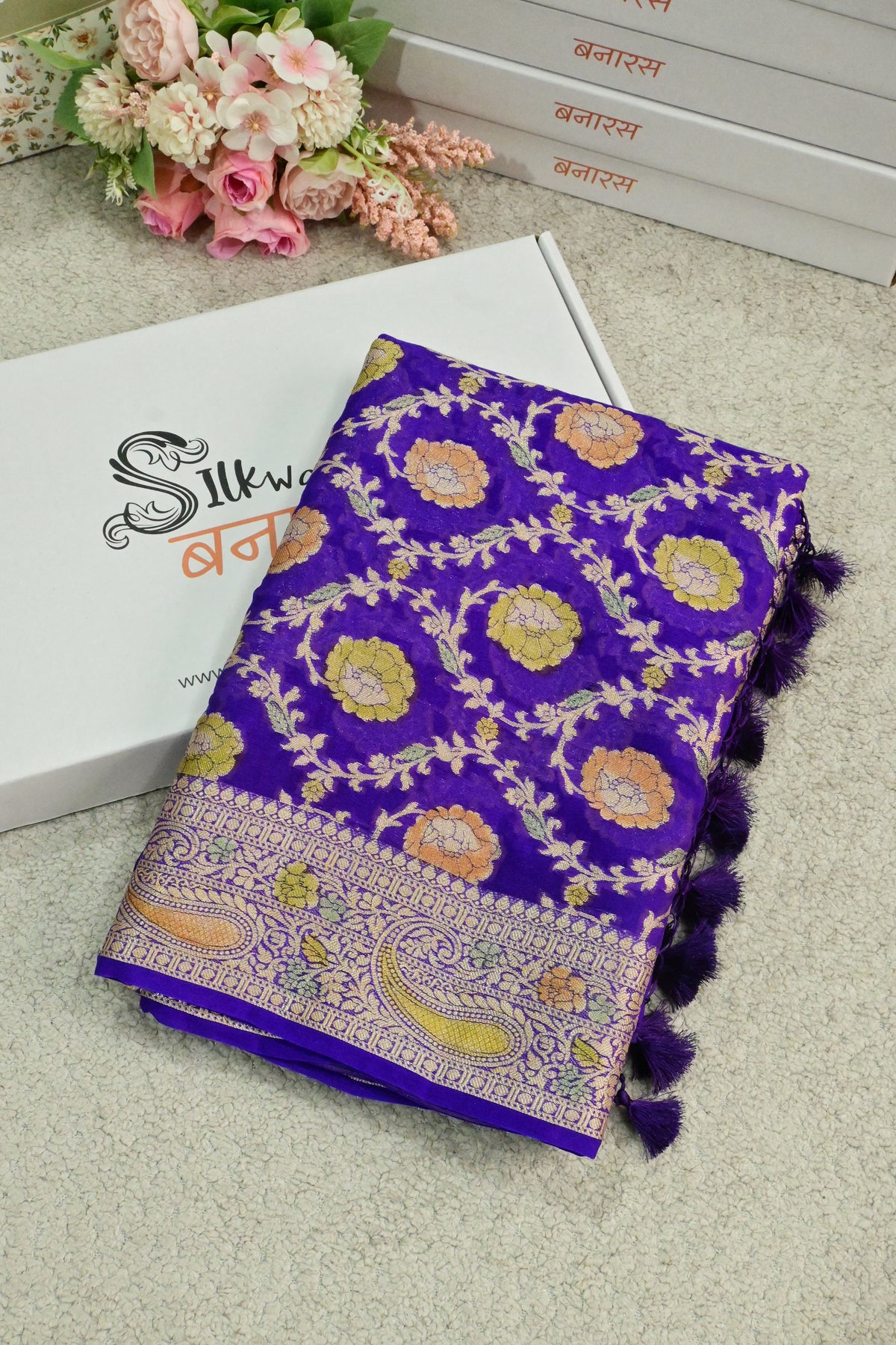 Purple Chiffon Banarasi Saree with Intricate Zari Jaal & Floral Motifs
