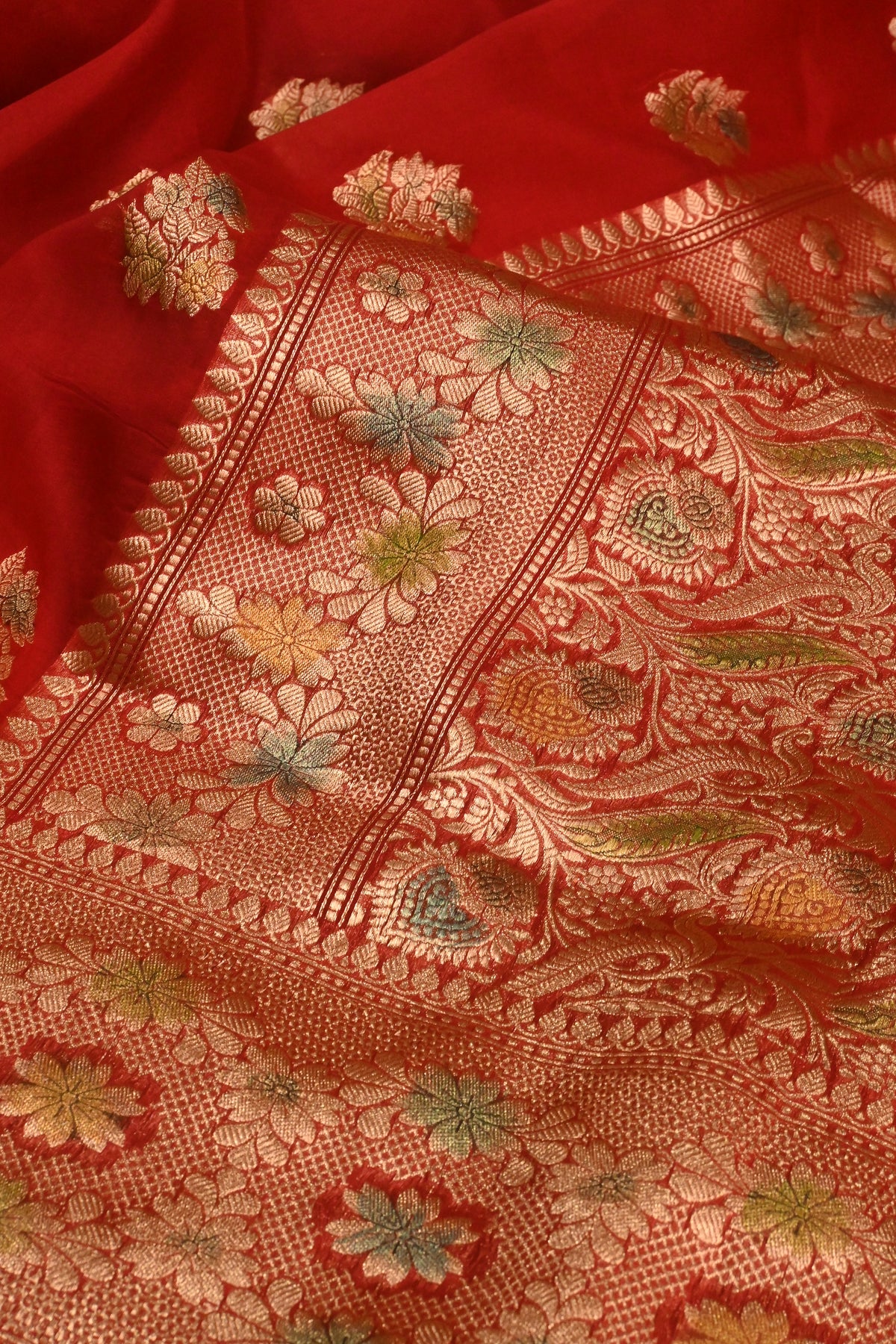 Handwoven Crimson Red Pure Kora Silk Saree with Gold Zari Weaving & Handbrush Work