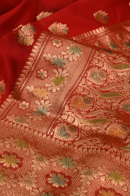 Handwoven Crimson Red Pure Kora Silk Saree with Gold Zari Weaving & Handbrush Work
