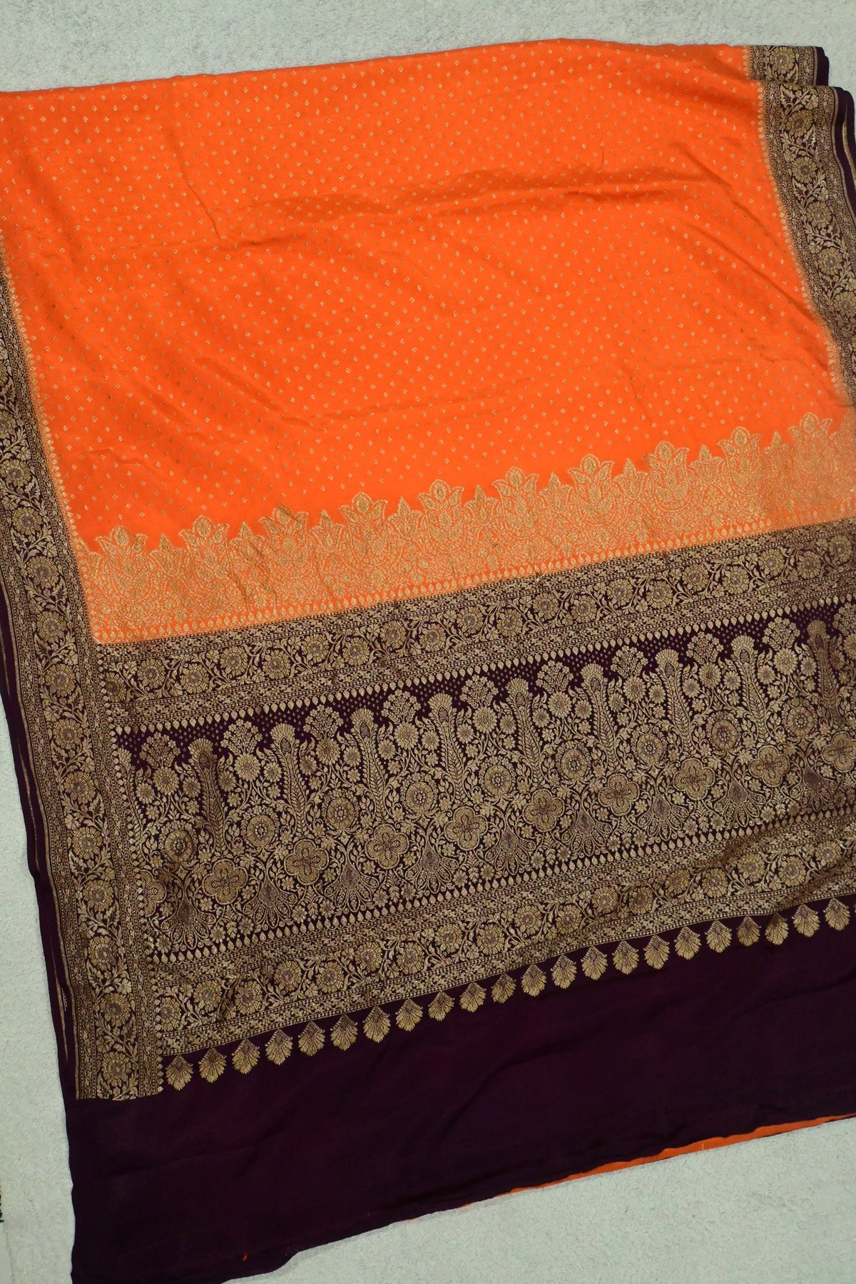 Handwoven Crepe Georgette Banarasi Saree in Tangerine Orange & Wine with Antique Zari