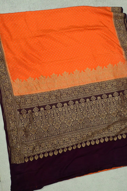 Handwoven Crepe Georgette Banarasi Saree in Tangerine Orange & Wine with Antique Zari