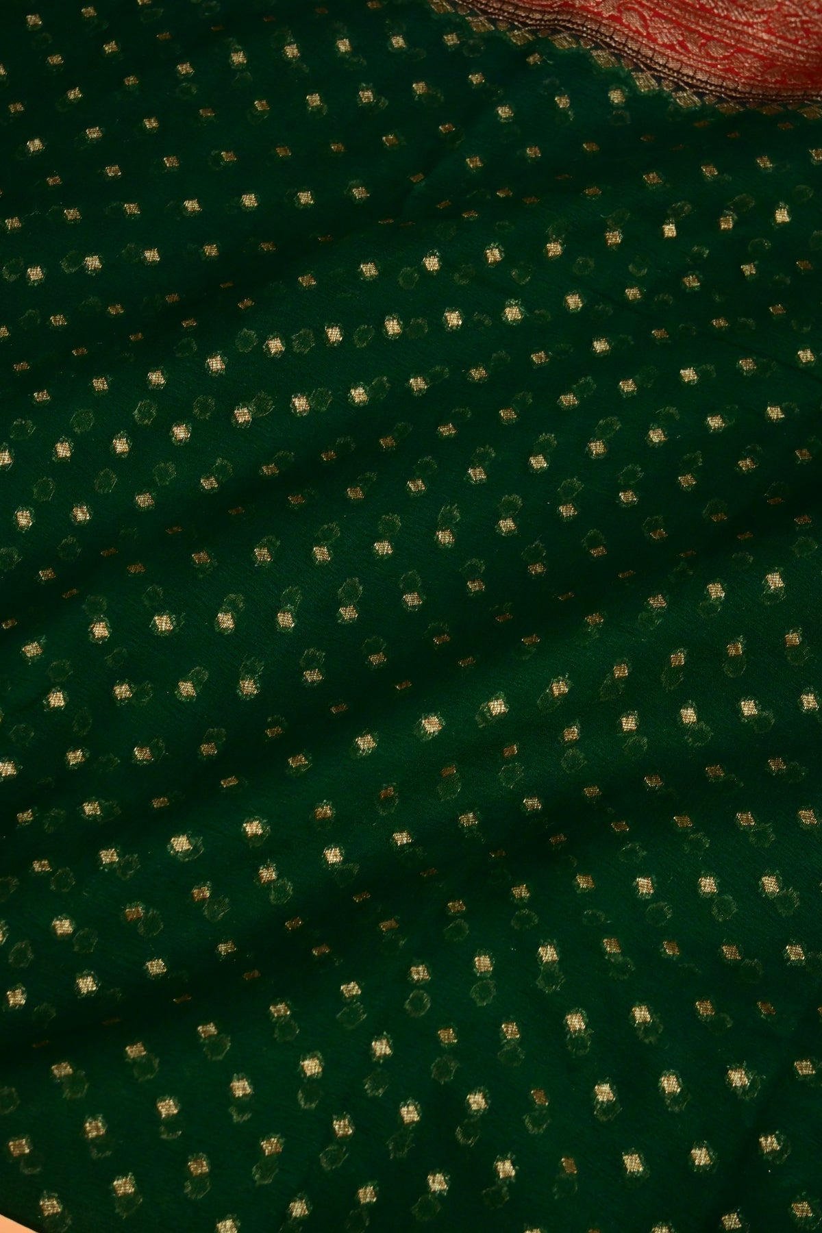 Emerald Green Pure Khaddi Georgette Saree with Antique Zari Konia & Paisley