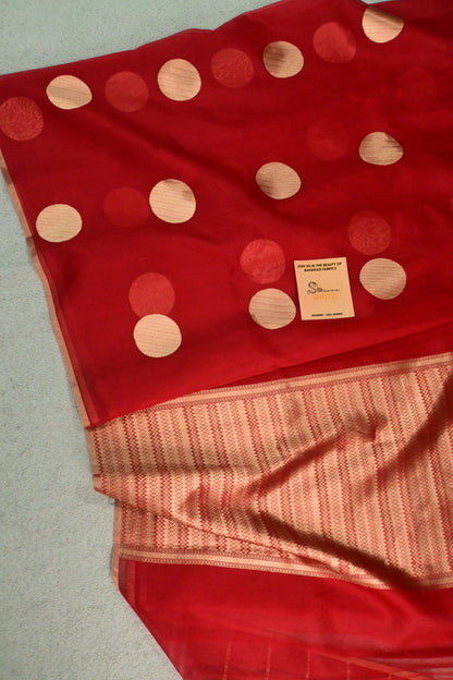 Handloom Pure Kora Silk Banarasi Saree in Red with Gold Zari Polka Dots