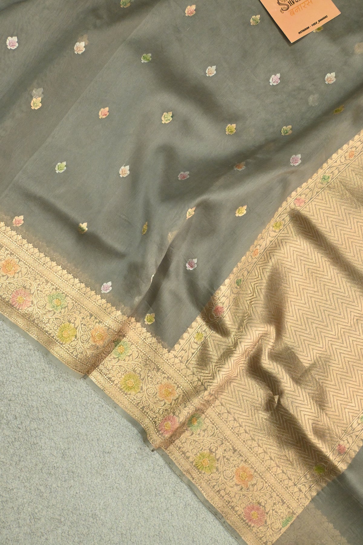 Handwoven Pure Kora Silk Saree with Gold Zari Weaving & Meenakari Brush Work – Slate Grey