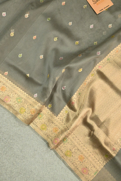 Handwoven Pure Kora Silk Saree with Gold Zari Weaving & Meenakari Brush Work – Slate Grey