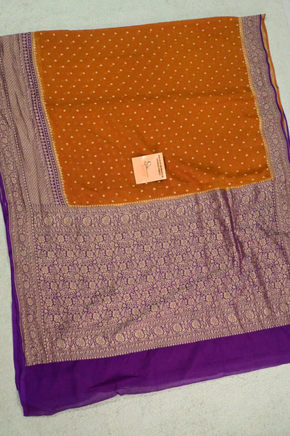 Rust & Royal Purple Handloom Khaddi Georgette Saree with Antique Zari weaving